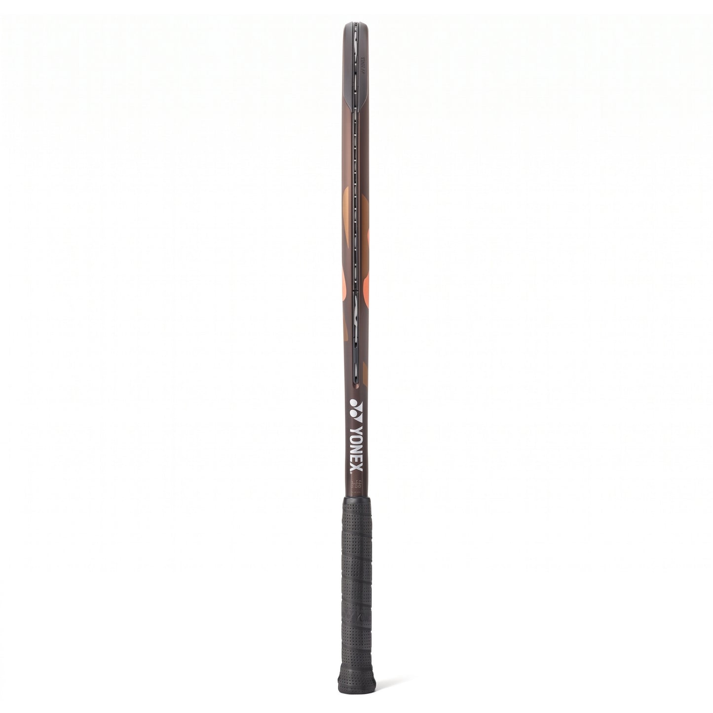 A side view of a brown and range Yonex tennis racket with a black grip on a white background