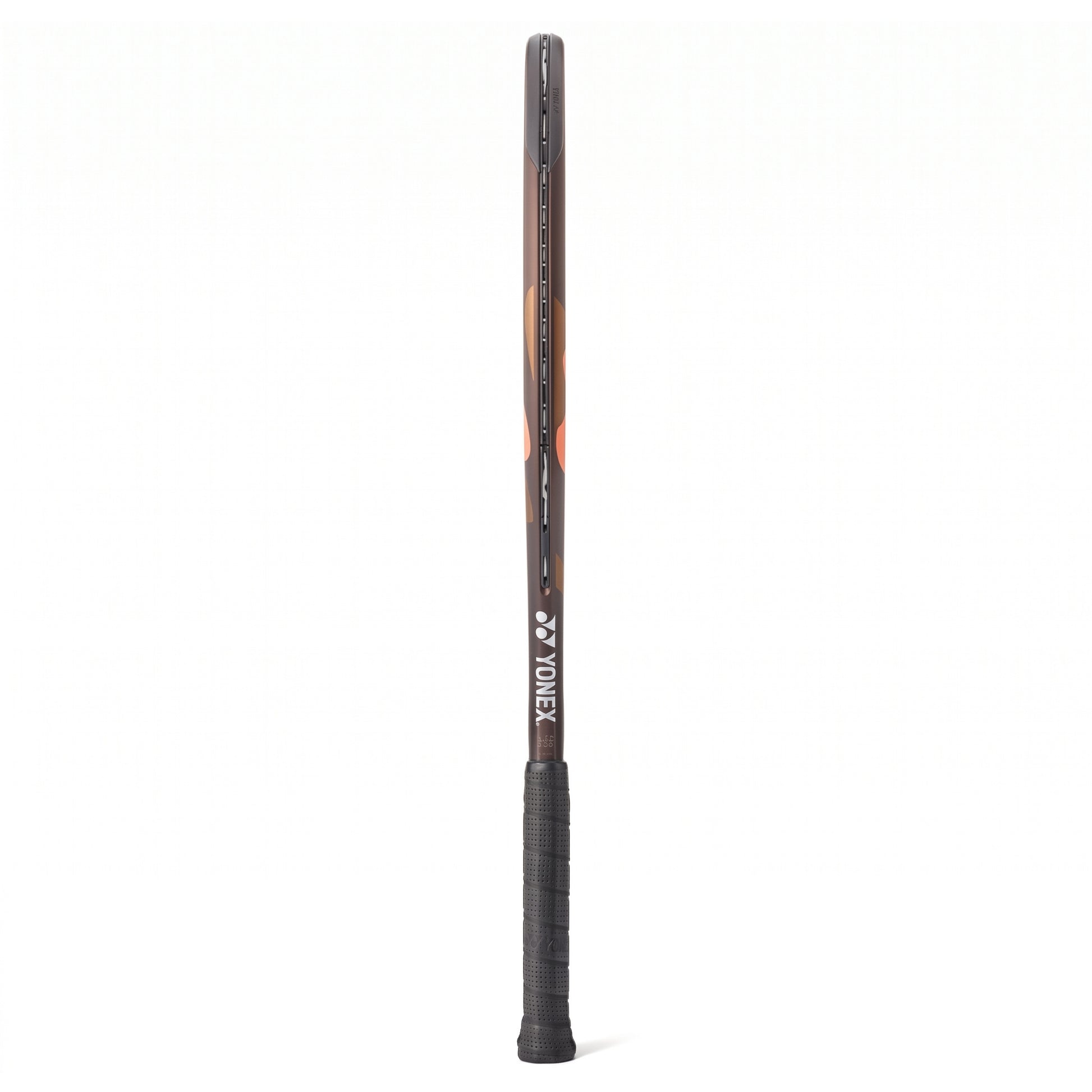 A side view of a brown and range Yonex tennis racket with a black grip on a white background