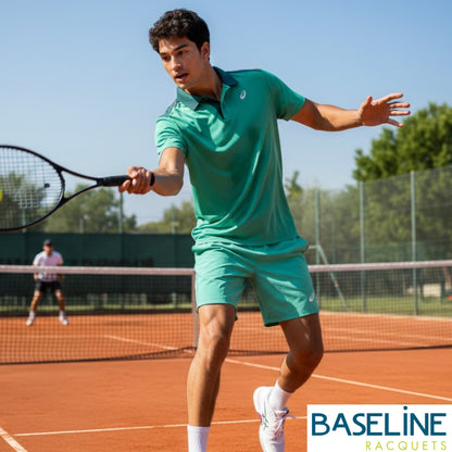 Tennis player in action on a clay court with 'Baseline Racquets' branding.