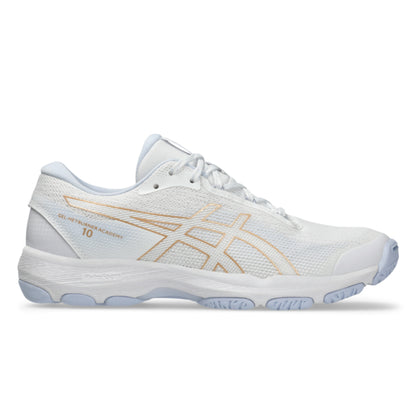 White netball shoe with gold accents on a white background