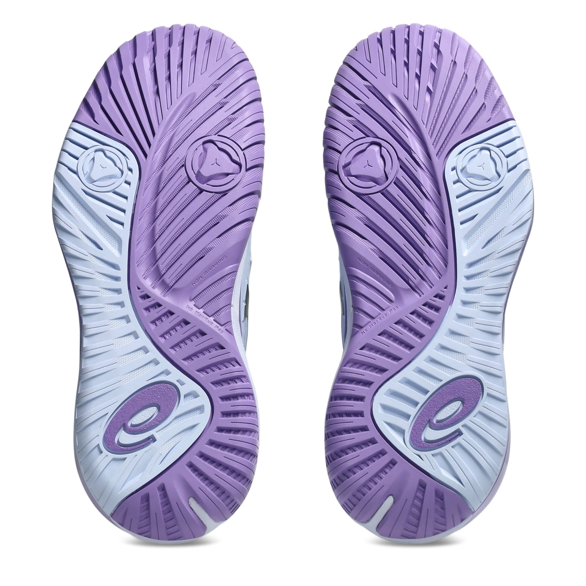 A pair of Asics tennis shoes shown from the sole view, featuring a purple and light blue tread pattern with a stylized 'e' logo near the heel.