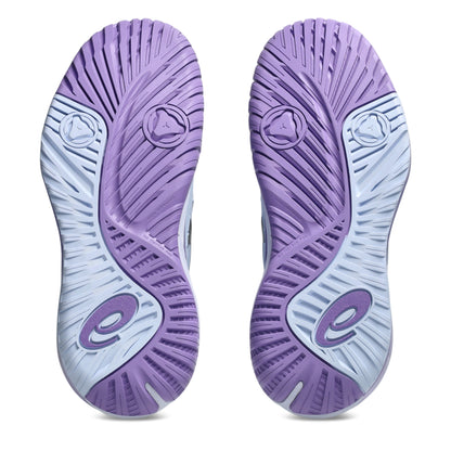 A pair of Asics tennis shoes shown from the sole view, featuring a purple and light blue tread pattern with a stylized 'e' logo near the heel.