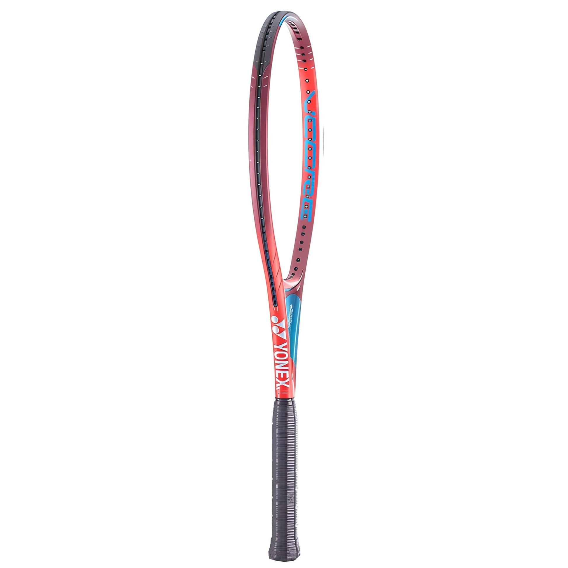 Tennis racket with red and blue design on a white background