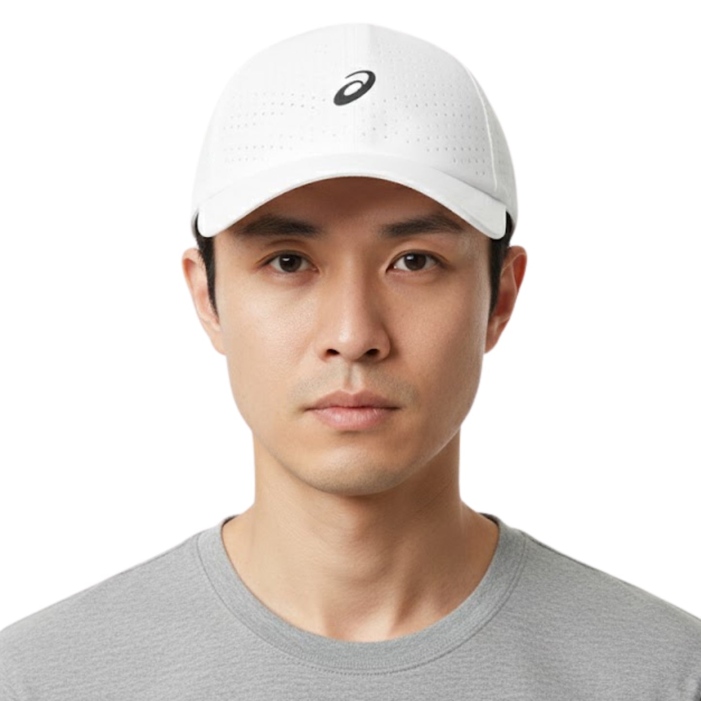 Man wearing a white cap with a Asics logo on a white background