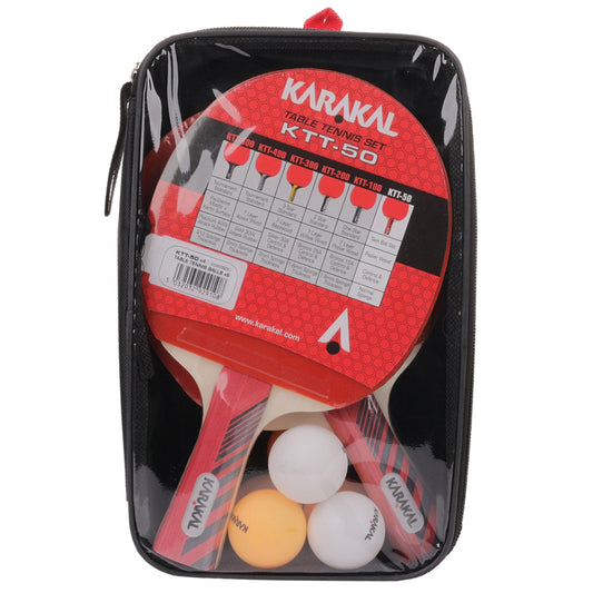 Karakal table tennis set with padels and balls in a black carrying case on a white background