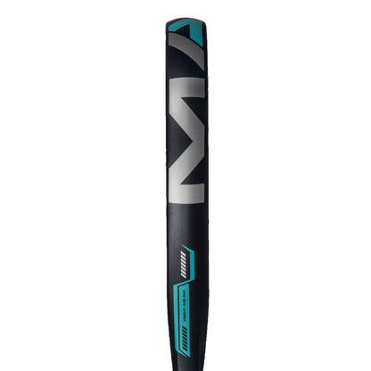 Black and blue padel racket with branding on a white background