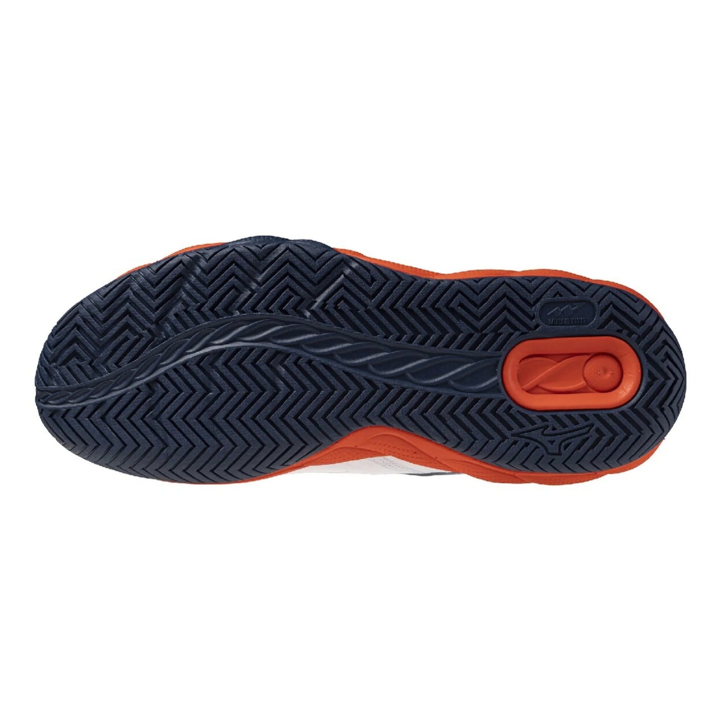 The outsole of a shoe shown from a top-down view, featuring a dark navy blue herringbone tread pattern with a bright orange accent around the perimeter and a matching orange heel section.