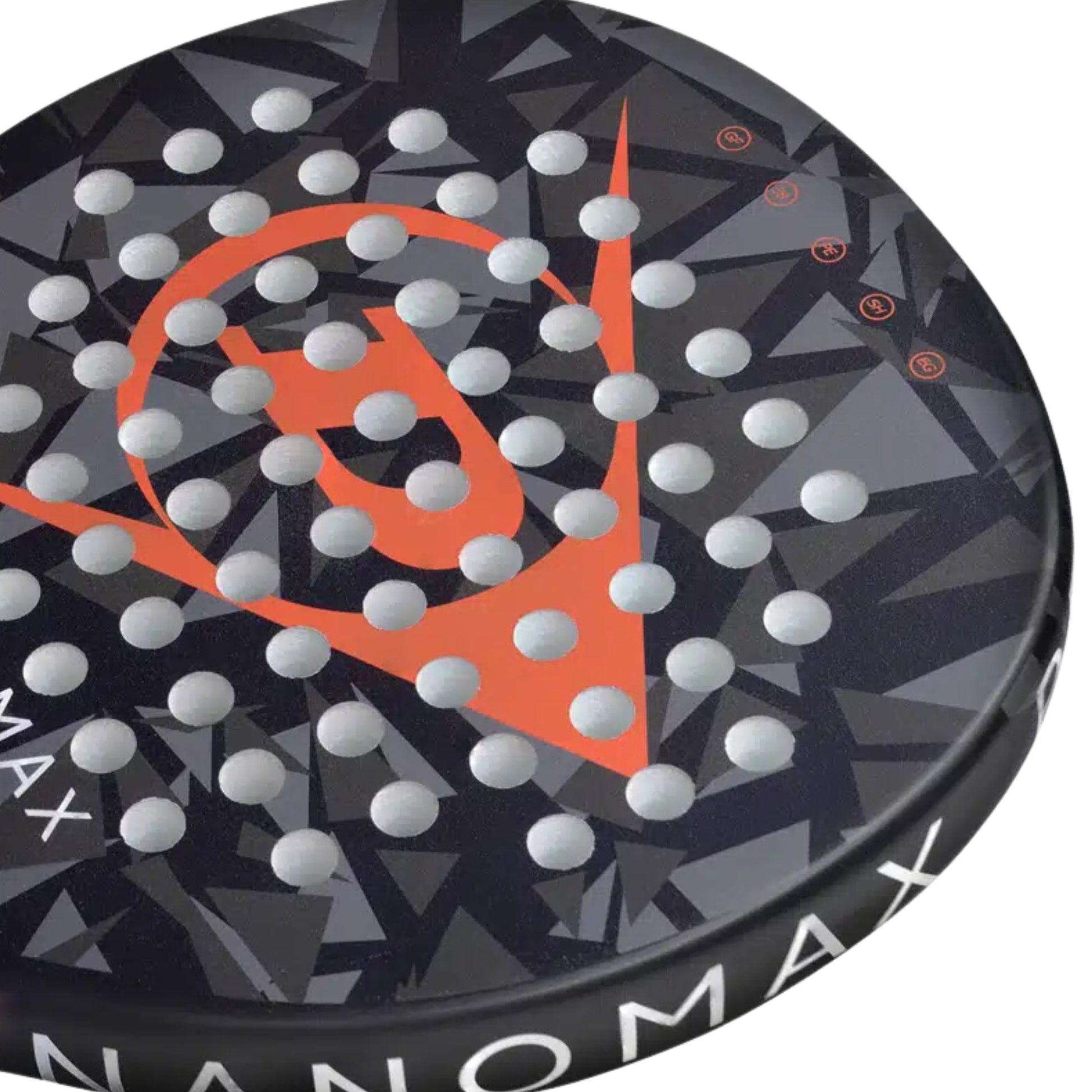 Close-up of a NANOMAX padel racket with a black and gray pattern and red logo.