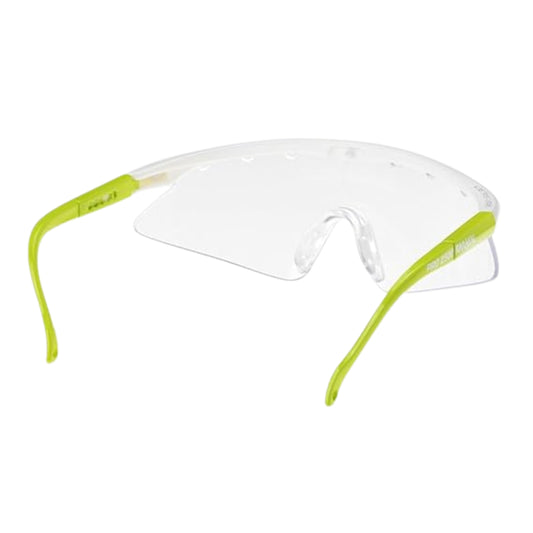White safety glasses with green frames on a white background
