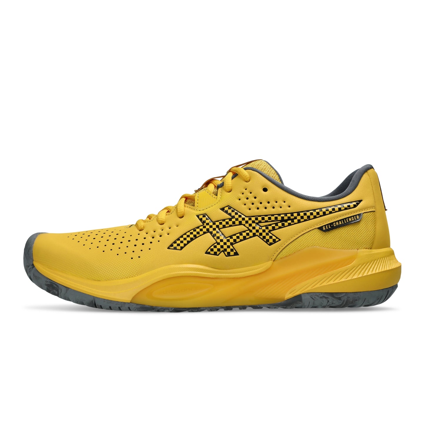 A yellow Asics tennis shoe with a black and yellow patterned logo, shown in a side profile view against a white background.