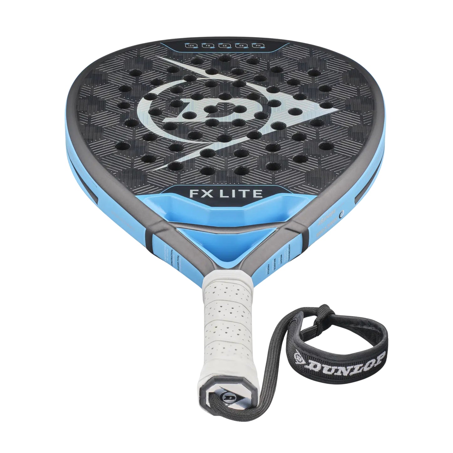 Blue and black Dunlop FX Lite padel racket on a white background