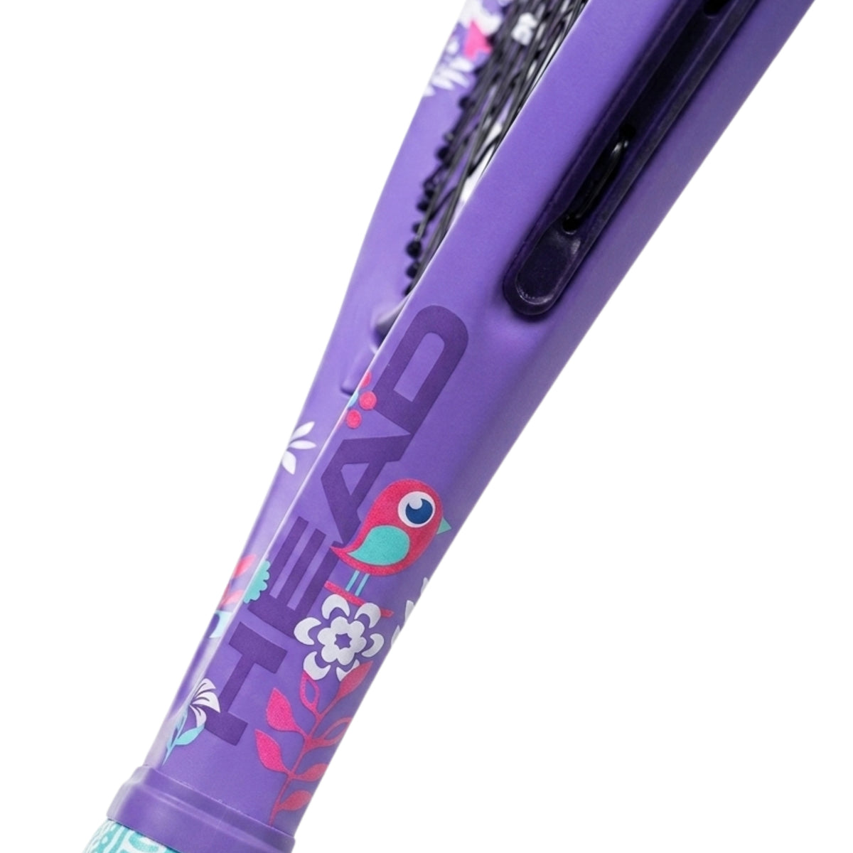 Close-up of a purple HEAD tennis racket frame with floral and bird graphics on a white background.