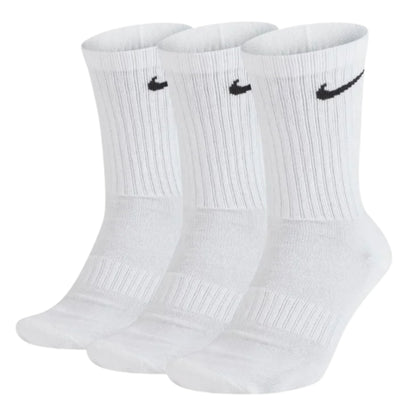 Three pairs of white Nike socks with black swoosh logo on a white background