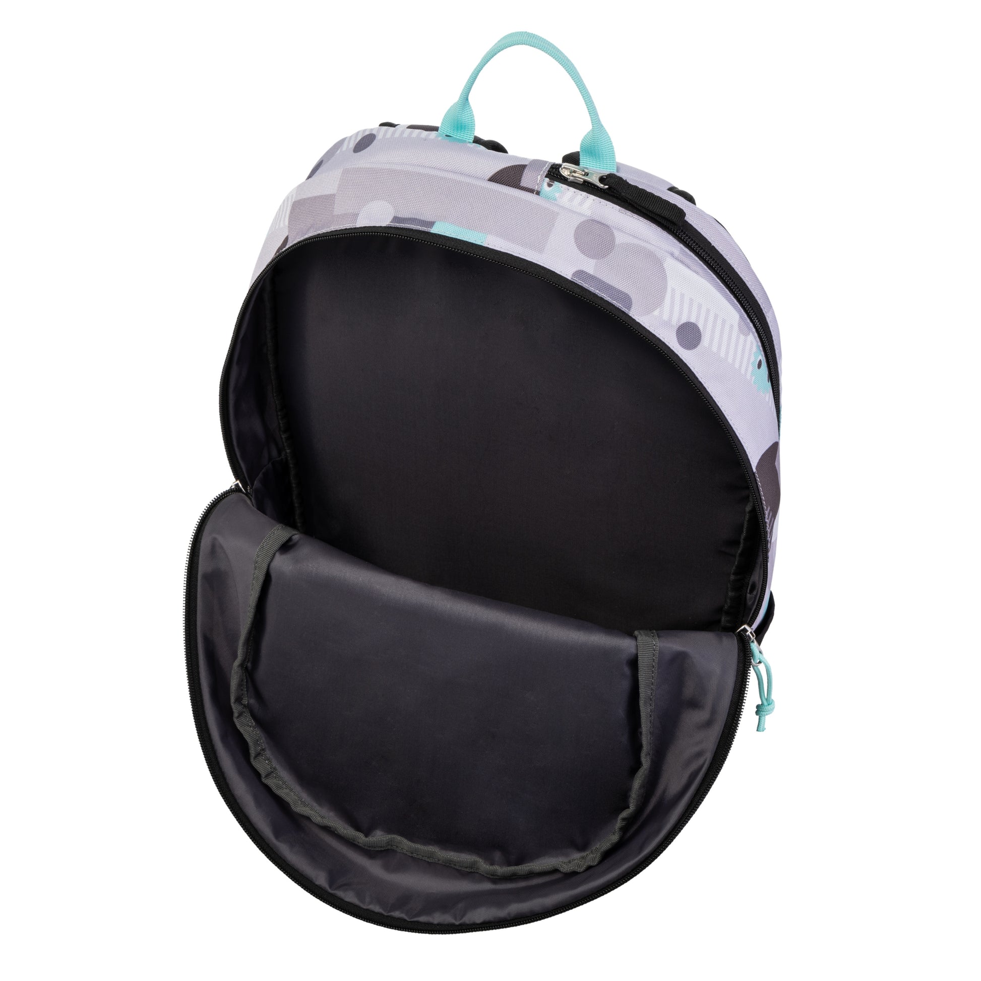 Backpack with a geometric pattern on the top section and solid black bottom section on a white background