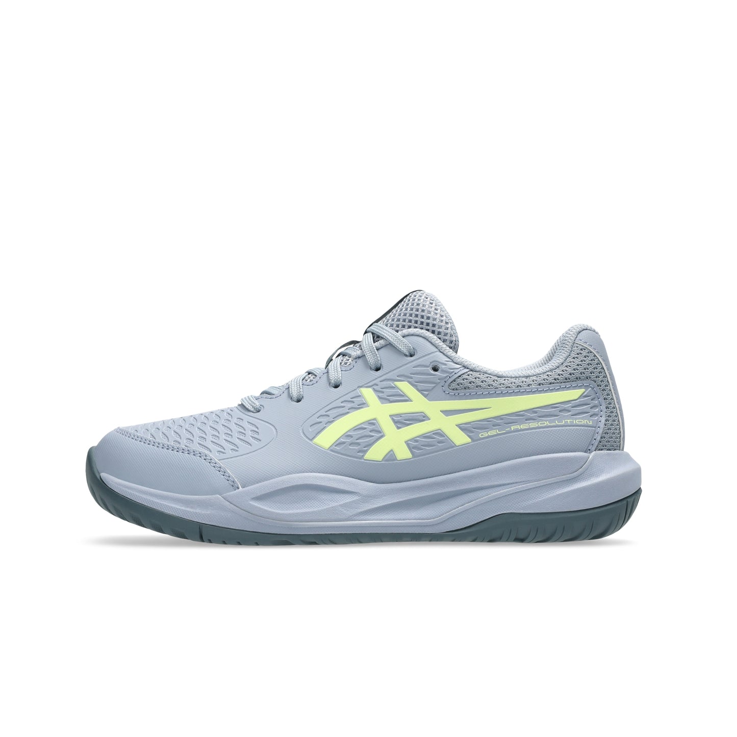Gray tennis shoe with yellow logo on a white background