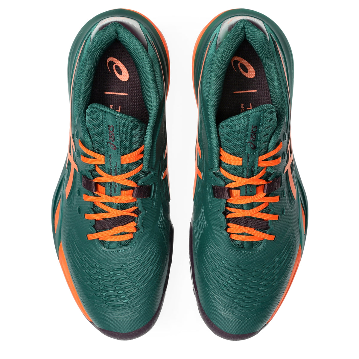 A dark green padel shoes with bright orange accents, including the ASICS logo and laces, shown in a side profile on a white background.