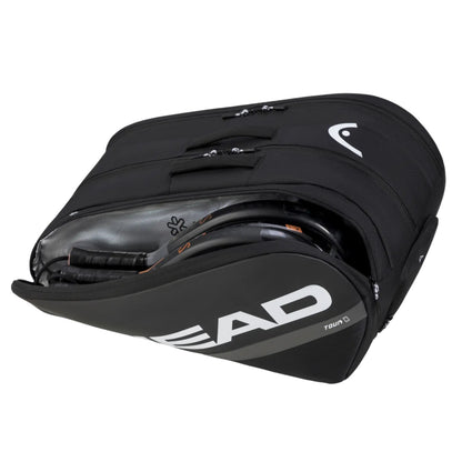 Black tennis bag with 'HEAD' branding on a white background