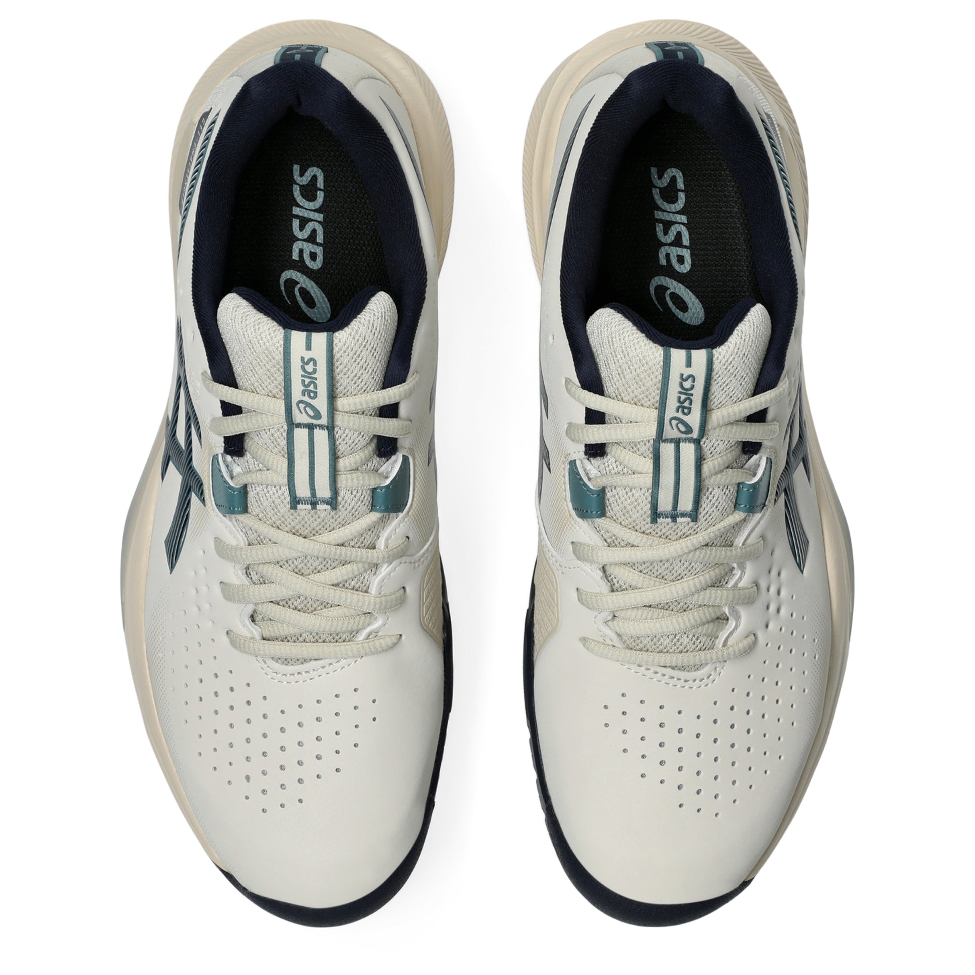 A pair of ASICS tennis shoes shown from a top-down view on a plain white background. The shoes feature an off-white upper with perforated details, navy blue lining and accents, and teal logo details on the tongue and side.