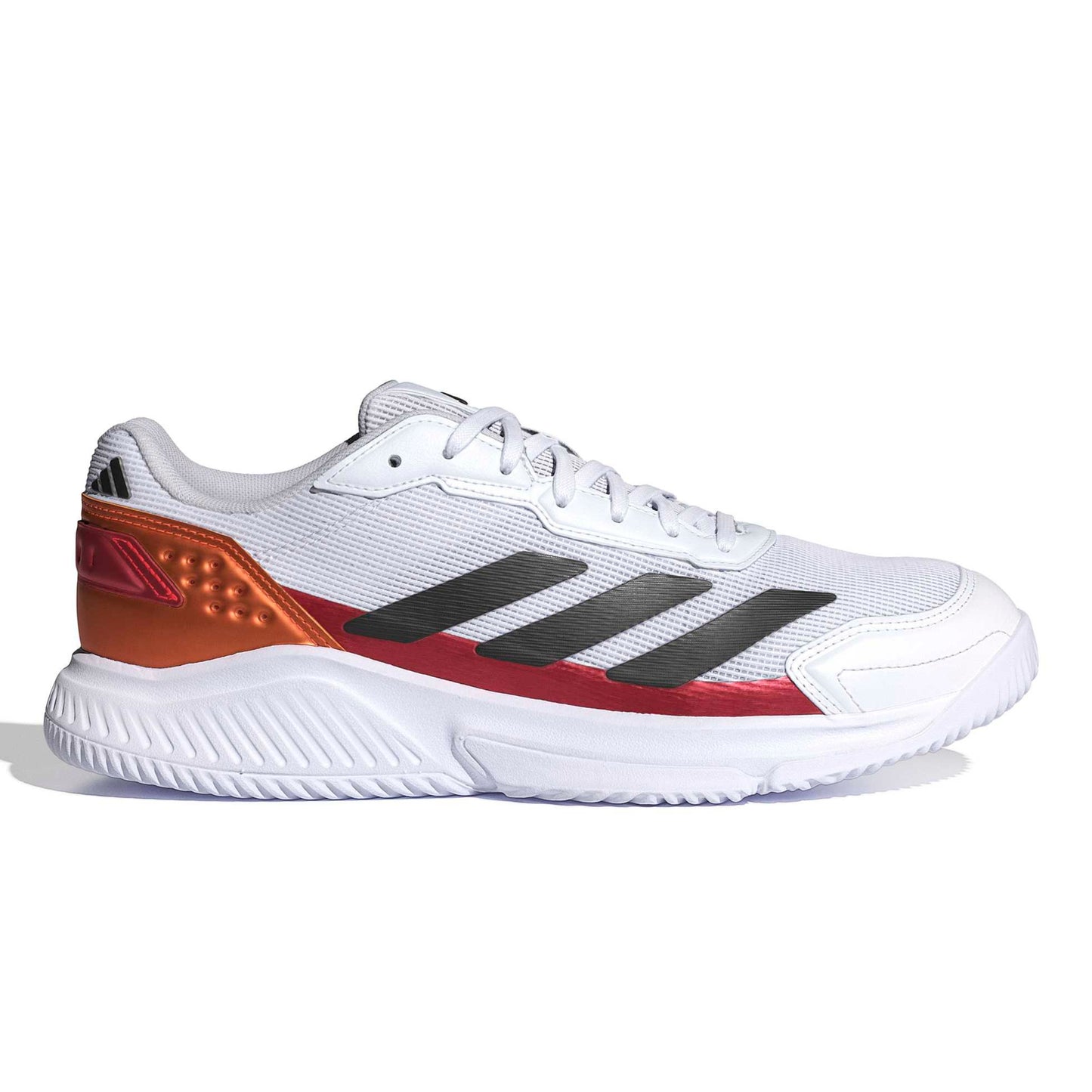 White Adidas padel shoe with black stripes and orange accents on a white background