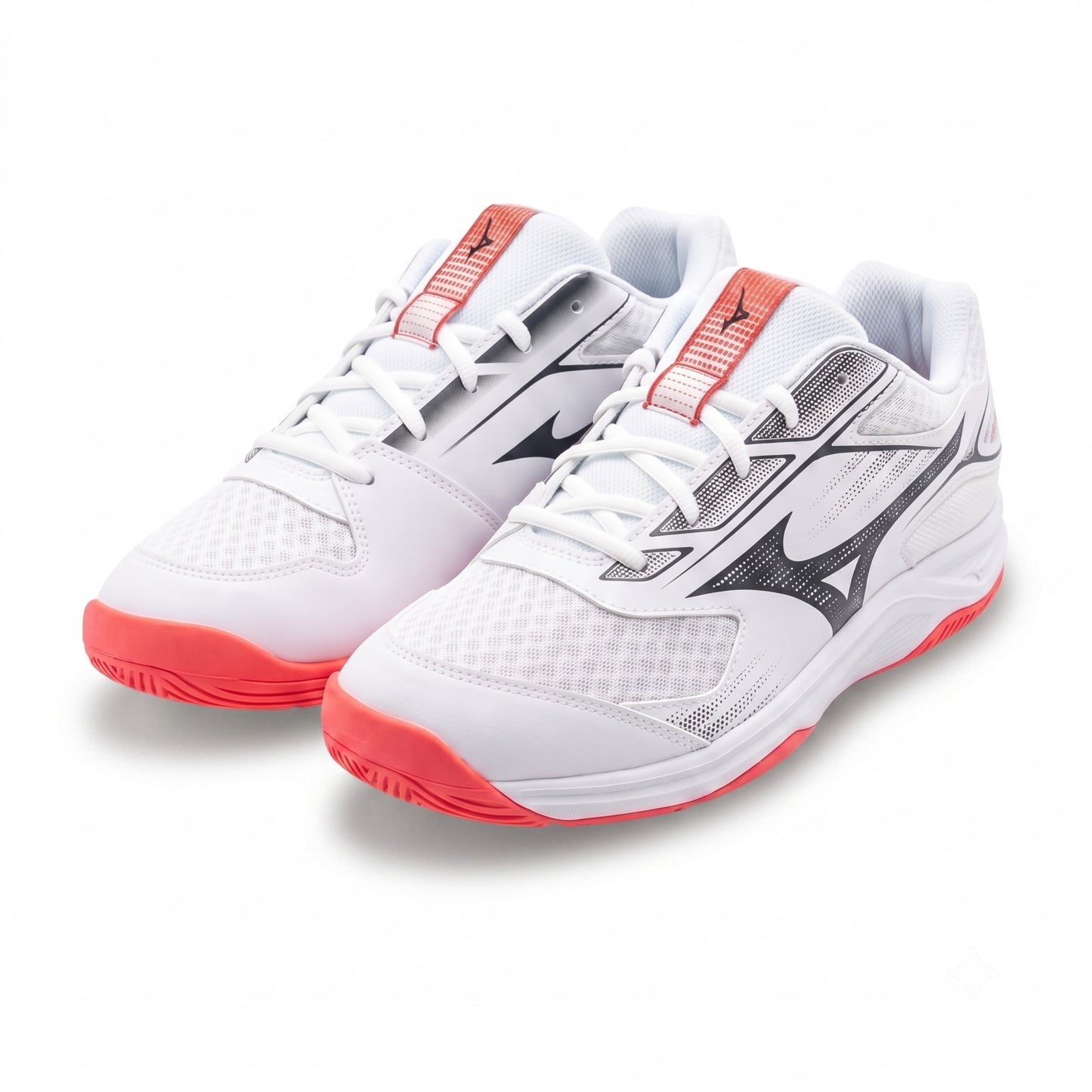 A pair of Mizuno squash shoes in white with black and coral red accents, shown on a clean white background.