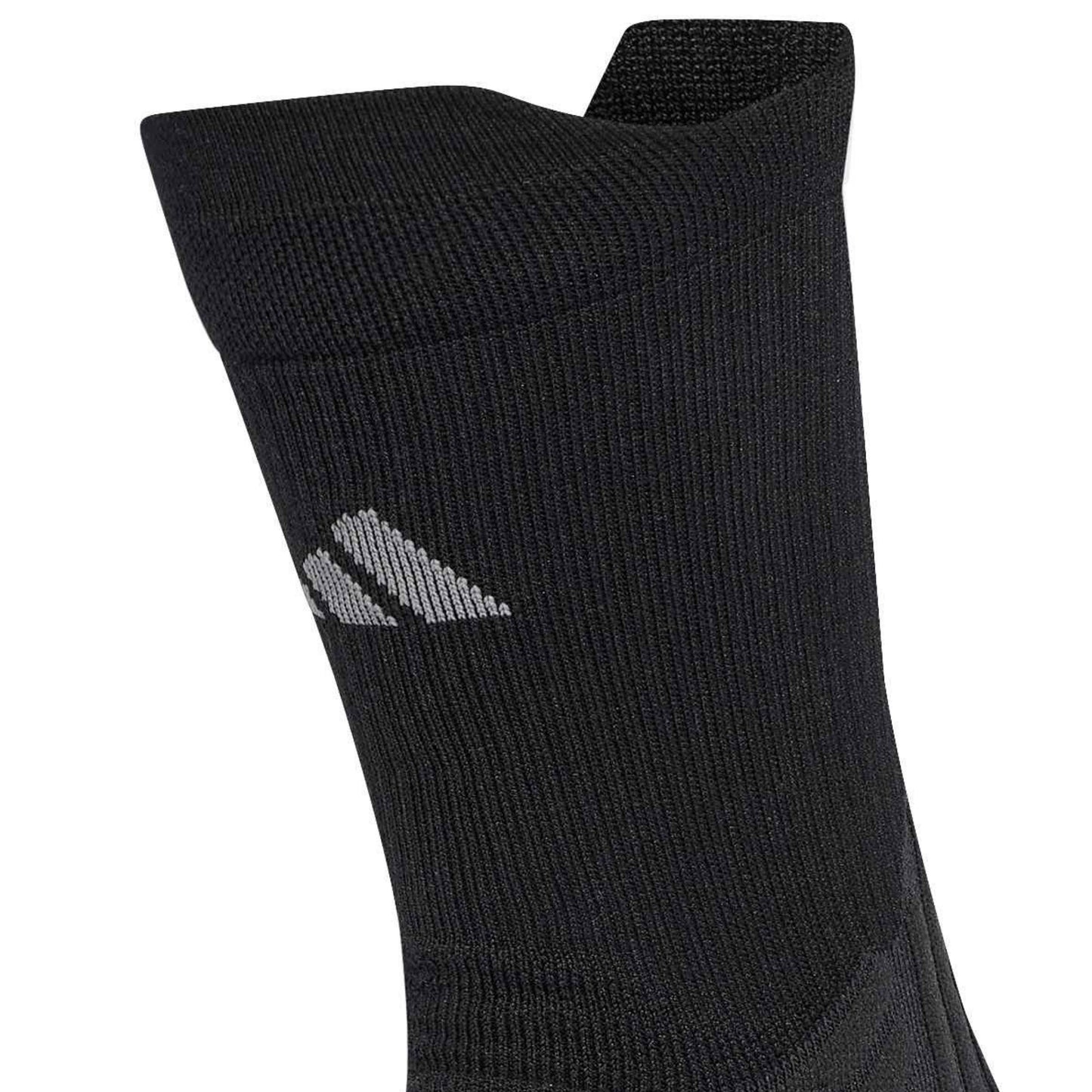 A close-up of a black athletic sock featuring a gray knit logo on the side, set against a plain white background.