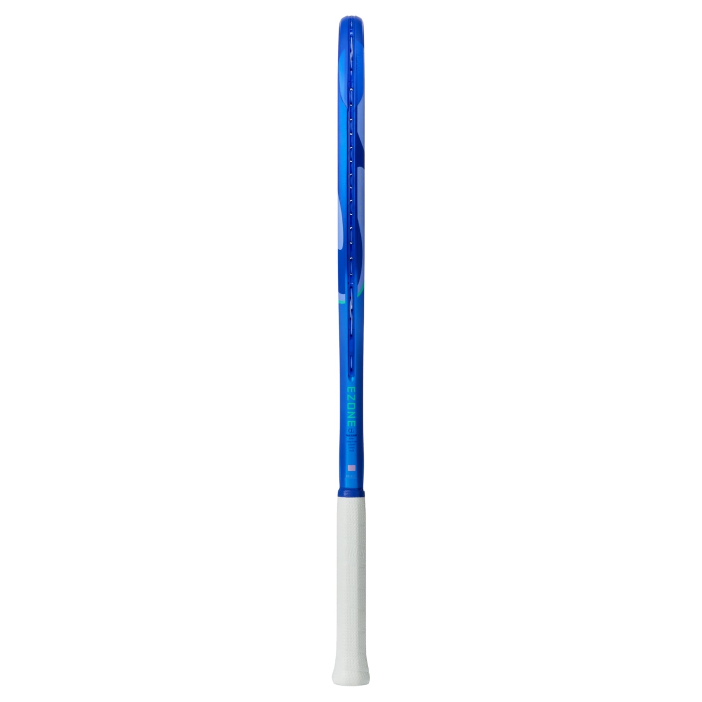 Blue and white tennis racket with Ezone branding on a white background