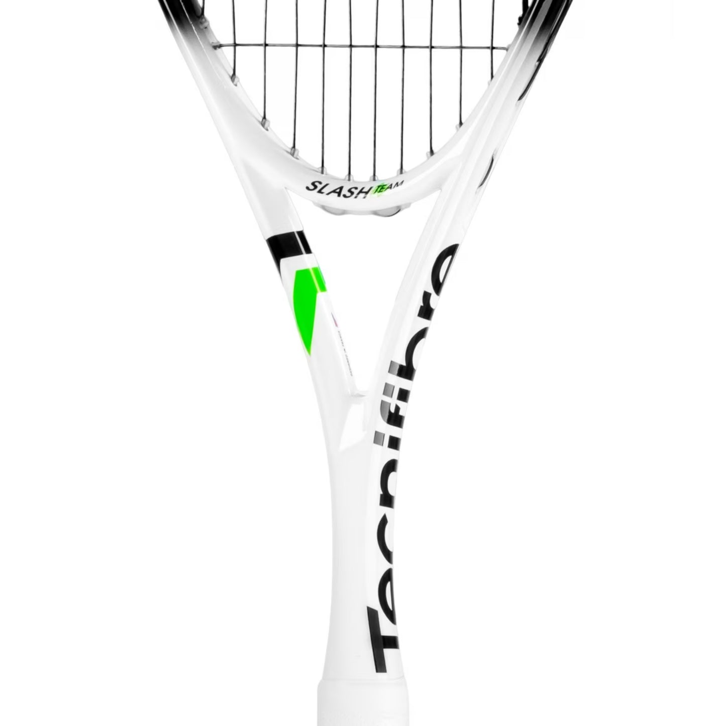 A close-up of a Tecnifibre squash racket showing the throat and upper blade against a solid white background.