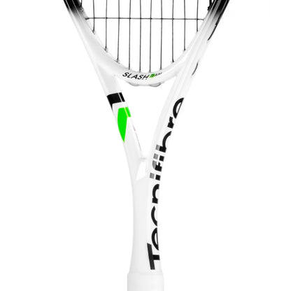 A close-up of a Tecnifibre squash racket showing the throat and upper blade against a solid white background.