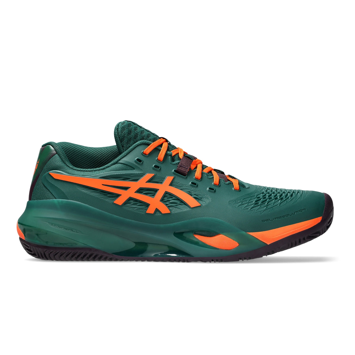 A dark green padel shoe with bright orange accents, including the ASICS logo and laces, shown in a side profile on a white background.