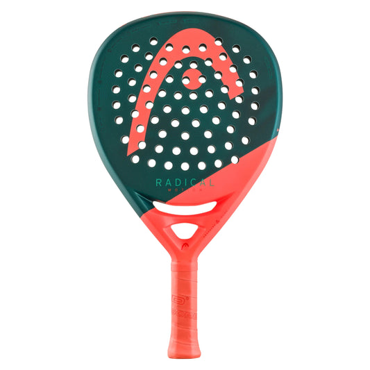 Head Radical padel racket with green and red design on a white background