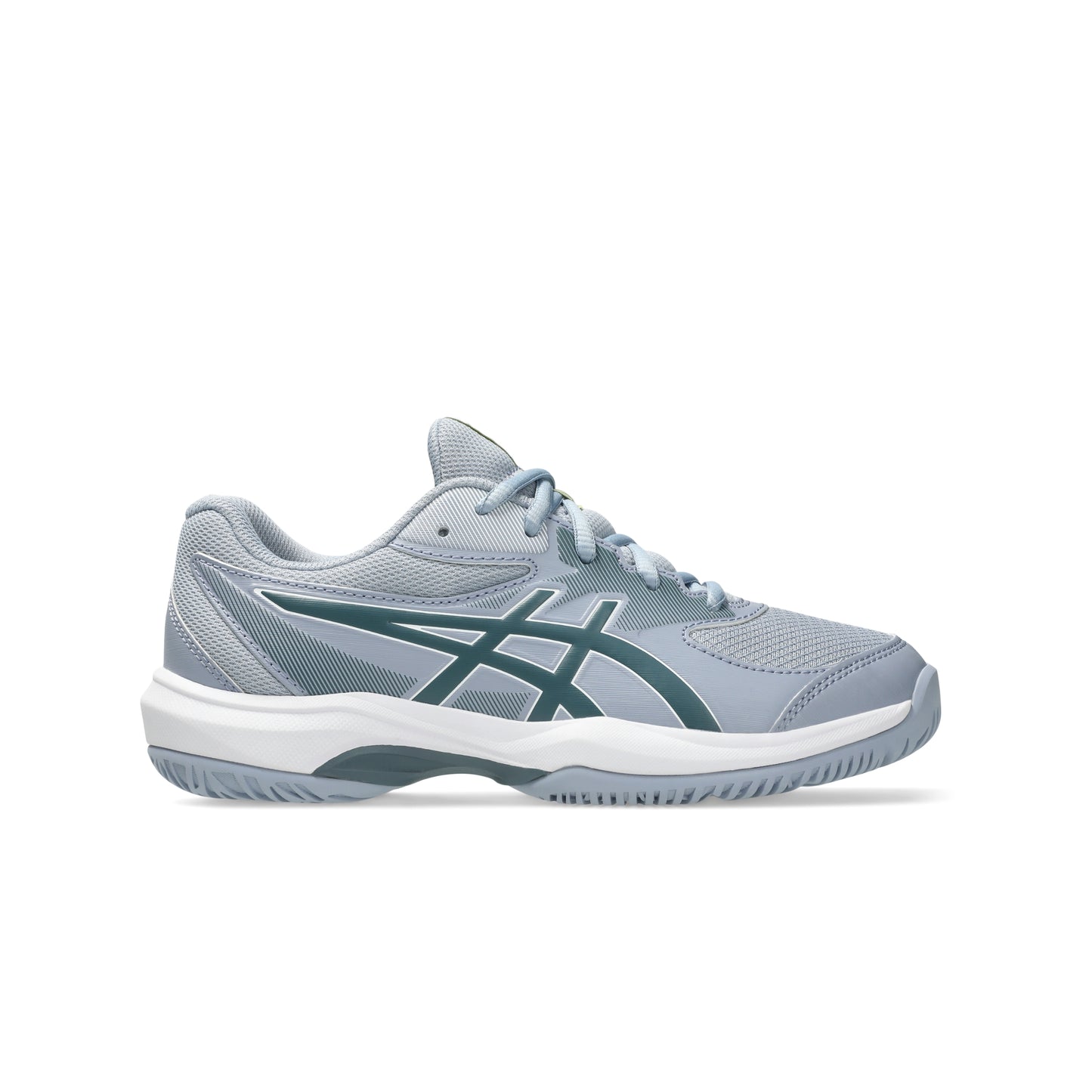 Blue and green Asics shoe on a white background