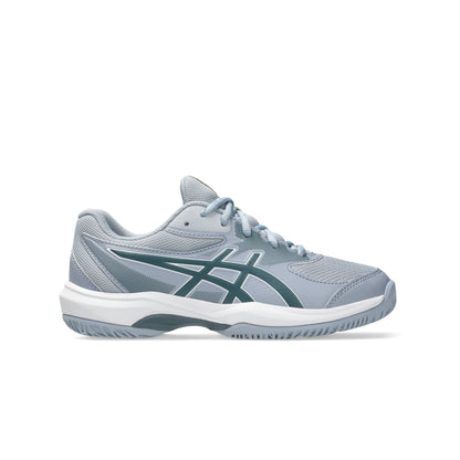 Blue and green Asics shoe on a white background