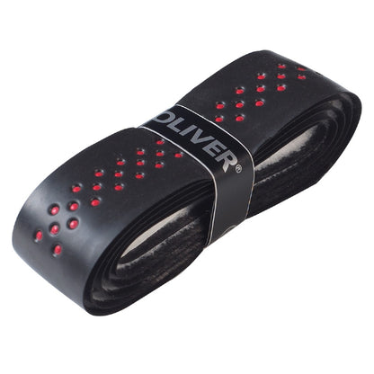 Black rubber band with red dots and 'OLIVER' branding on a white background