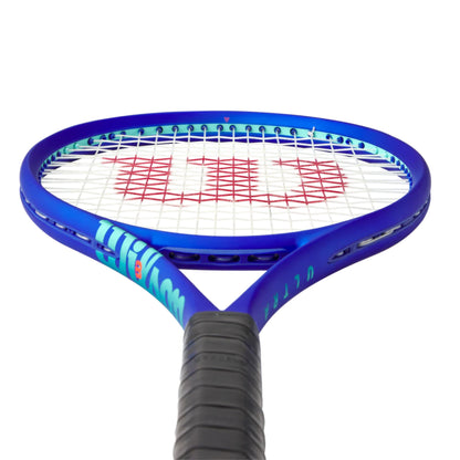 Blue tennis racket with a black handle on a white background