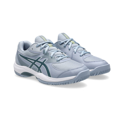 Blue and green Asics shoe on a white background
