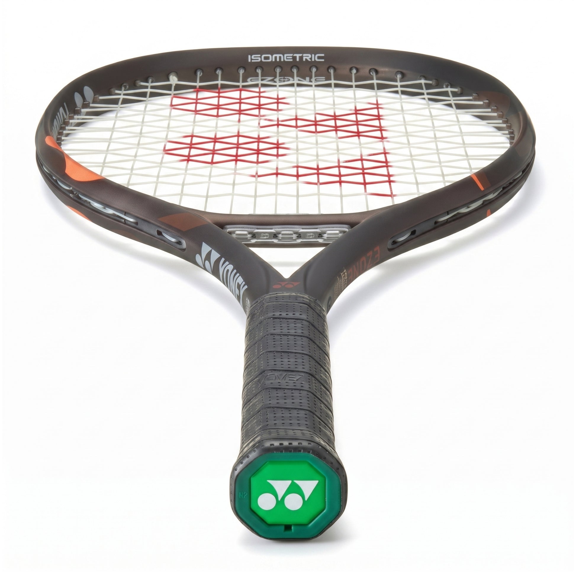 A Yonex racket shown from the back, featuring a black frame with orange accents, white and red stringing, and a green Yonex logo on the handle end cap, set against a plain white background.