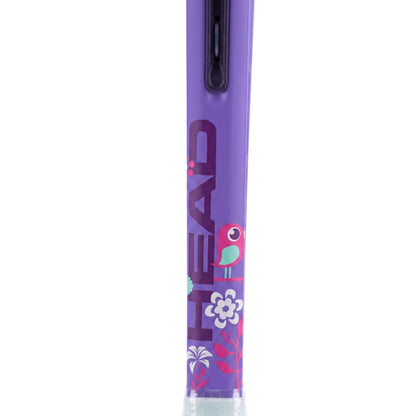 A purple Head tennis racket with a colorful bird and floral graphic design, shown vertically against a white background.