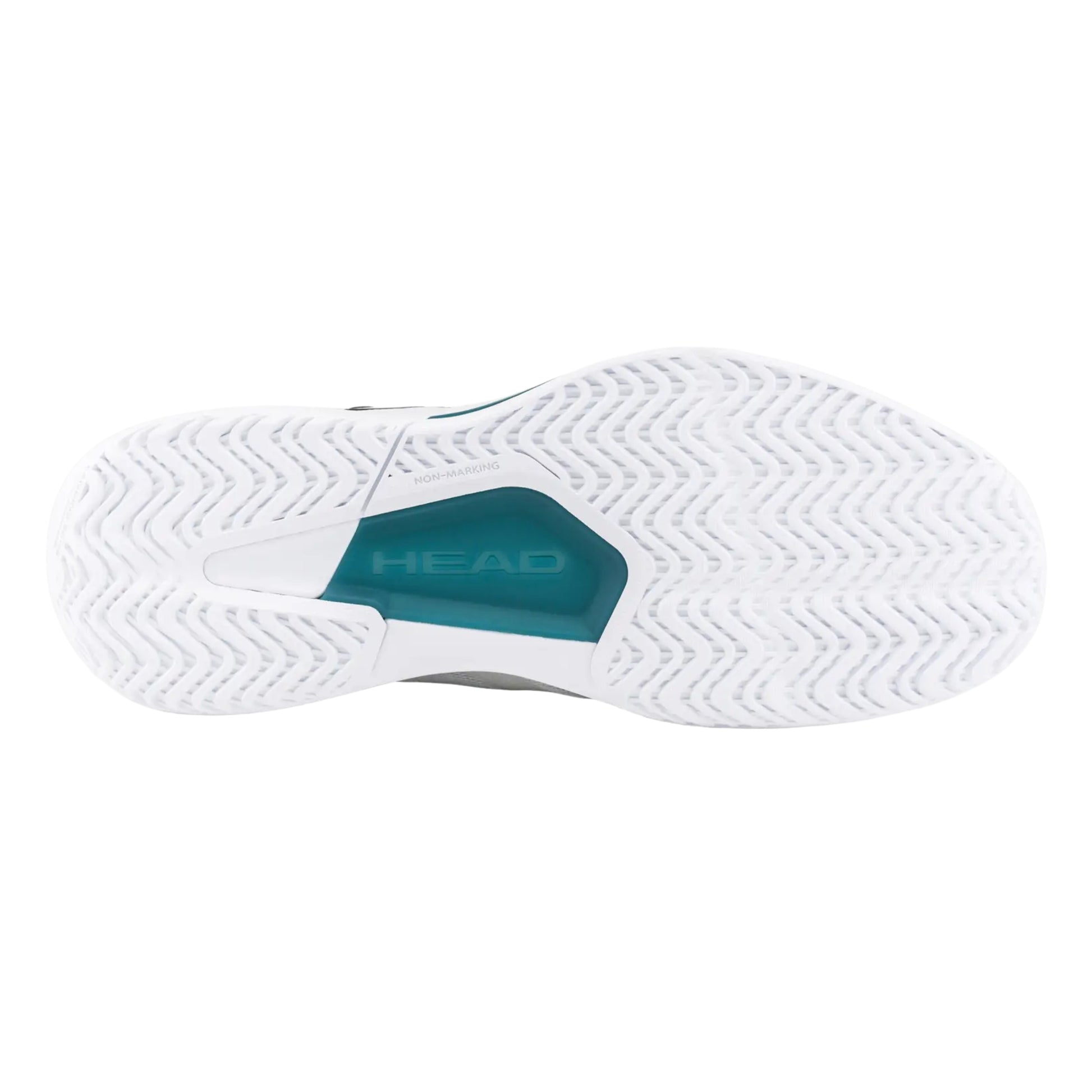 White tennis shoe with teal sole on a white background