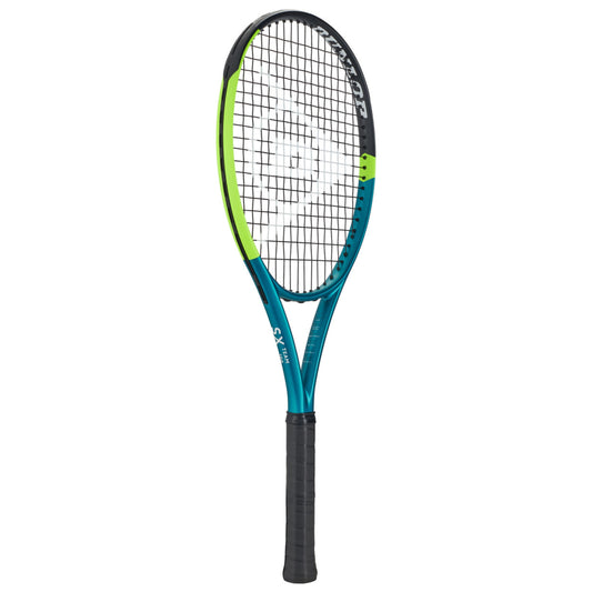 Dunlop tennis racket with a black and teal design on a white background