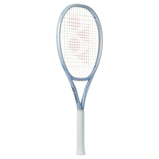 Silver Yonex tennis racket with a white background