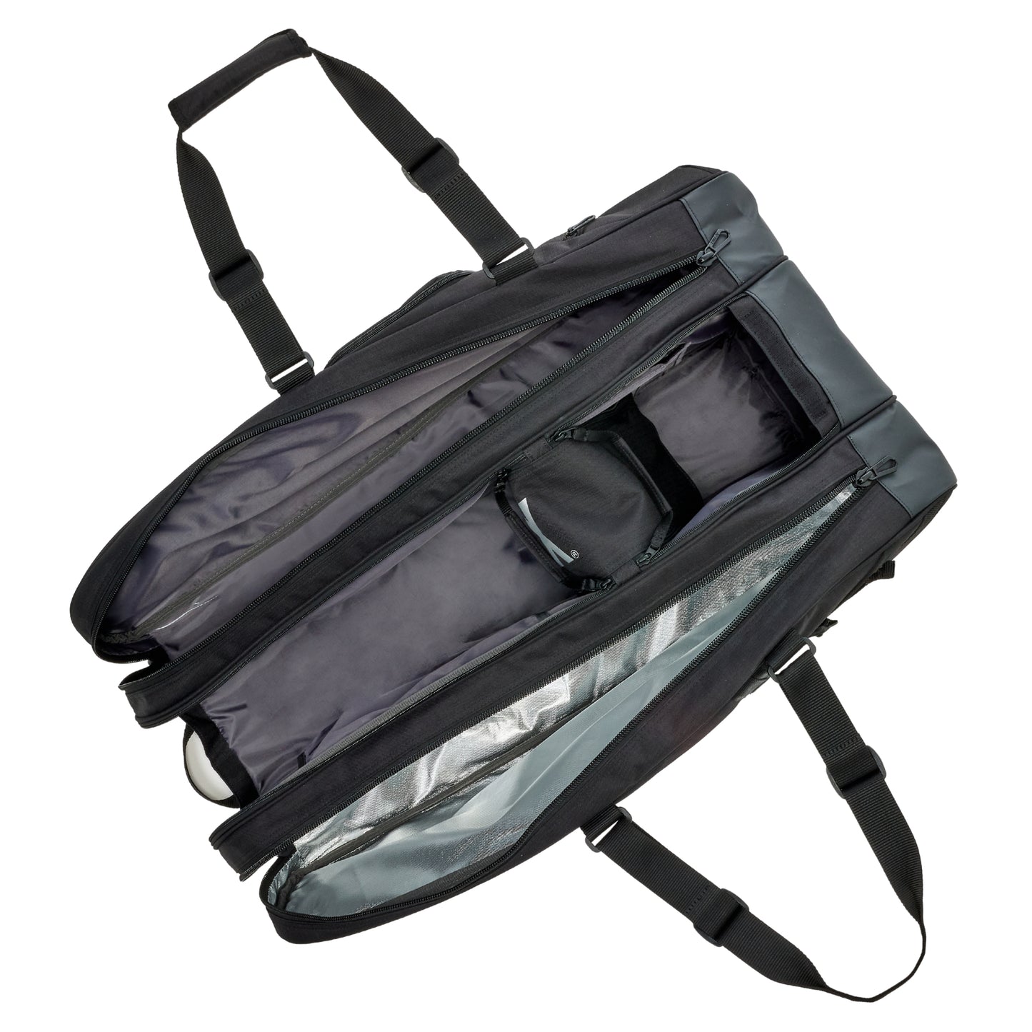 Black backpack with interior compartments on a white background