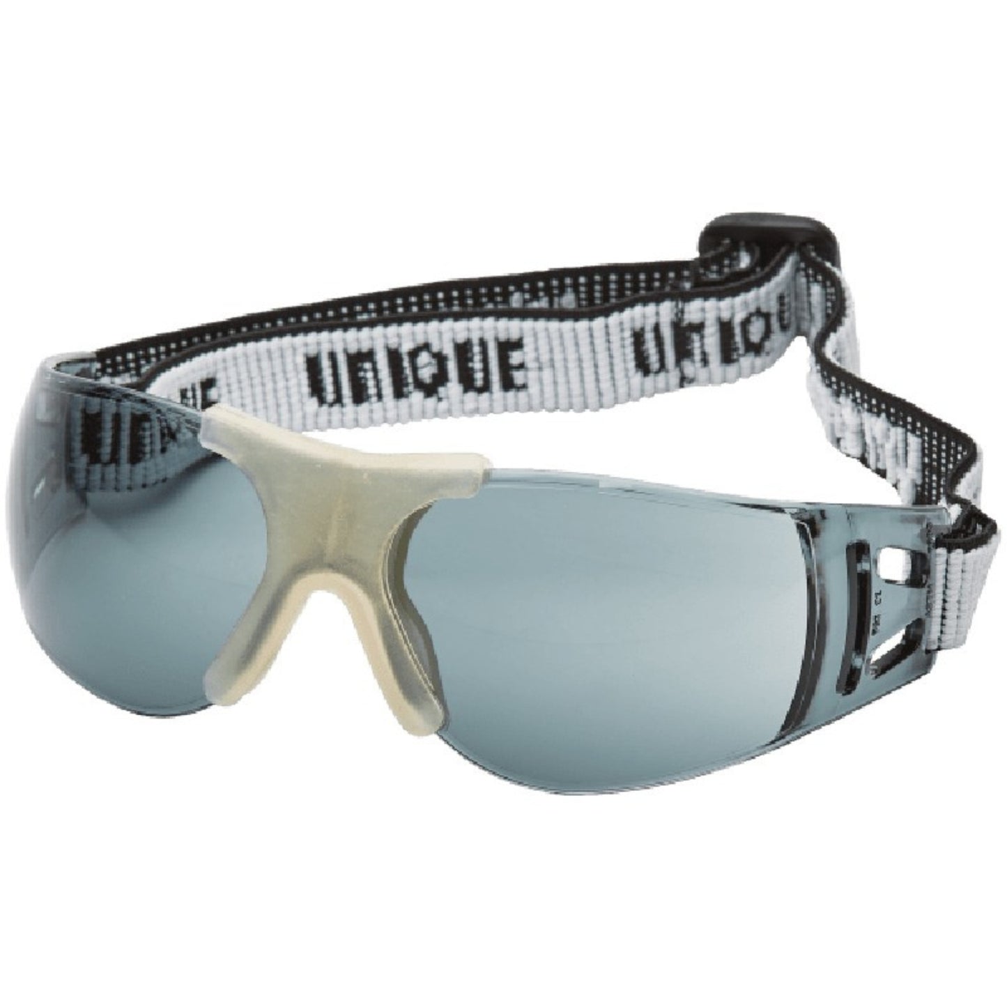 Safety goggles with a white frame and black strap on a white background