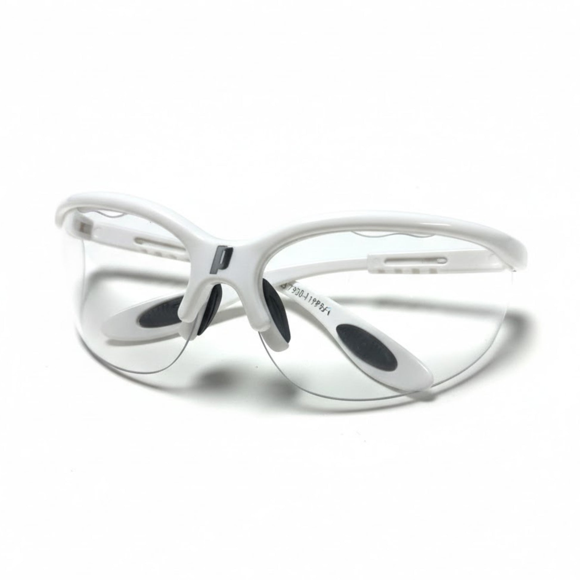 White Prince squash safety glasses with clear lenses on a white background