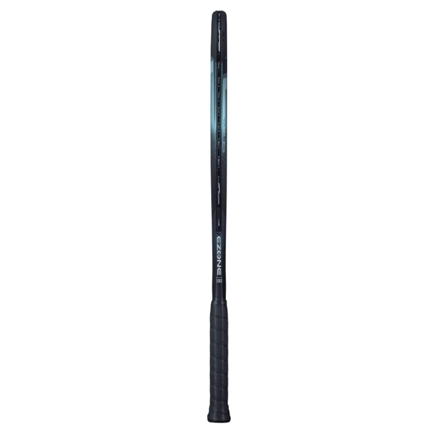 Black tennis racket with Ezone branding on a white background