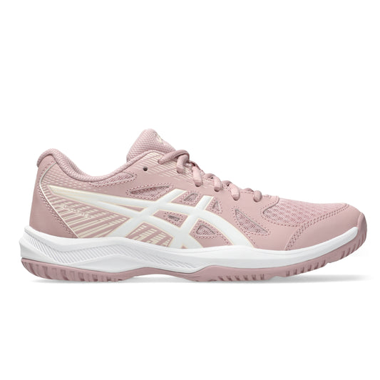 Pink athletic shoe with white accents on a white background