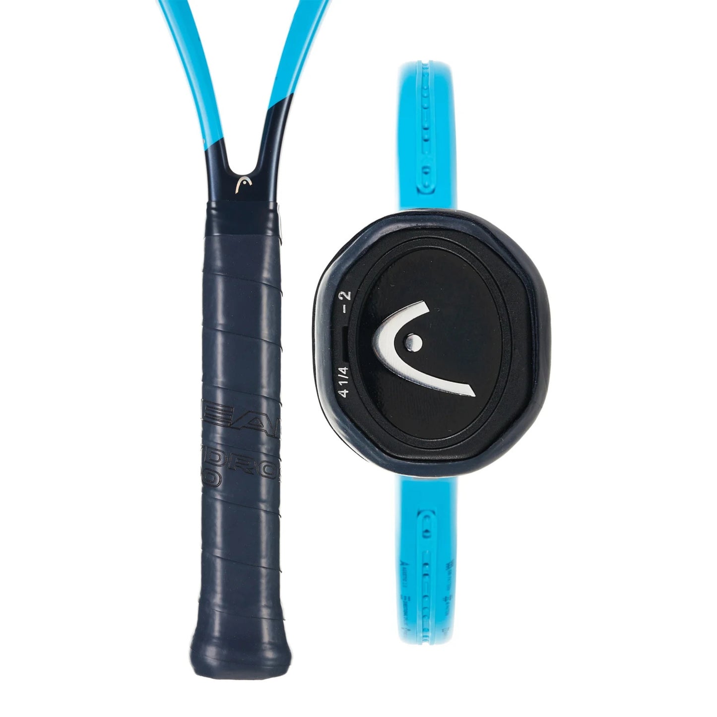 Blue Head tennis racket and black handle on a white background