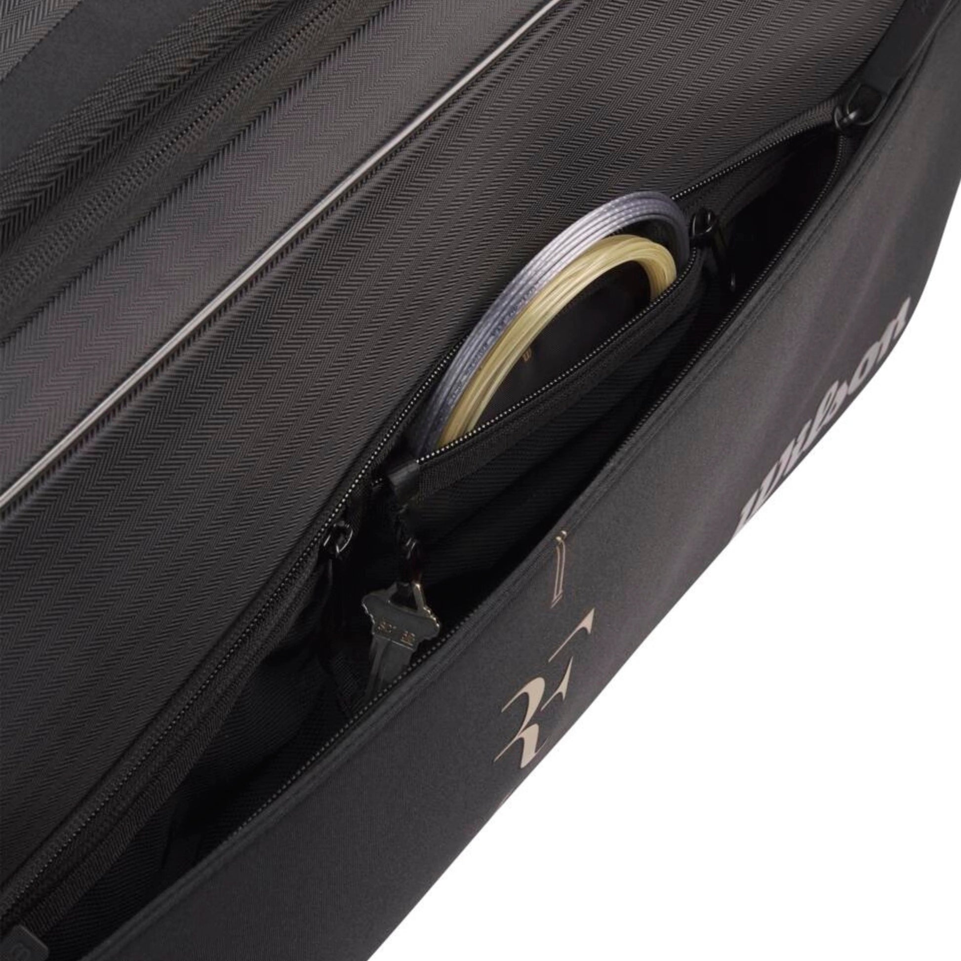 Black tennis bag with a visible brand logo on a white background