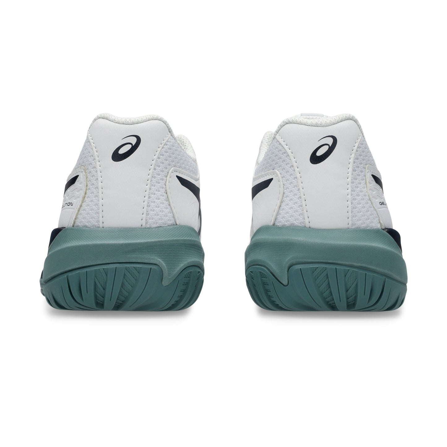 Back view of a white and green Asics shoe on a white background