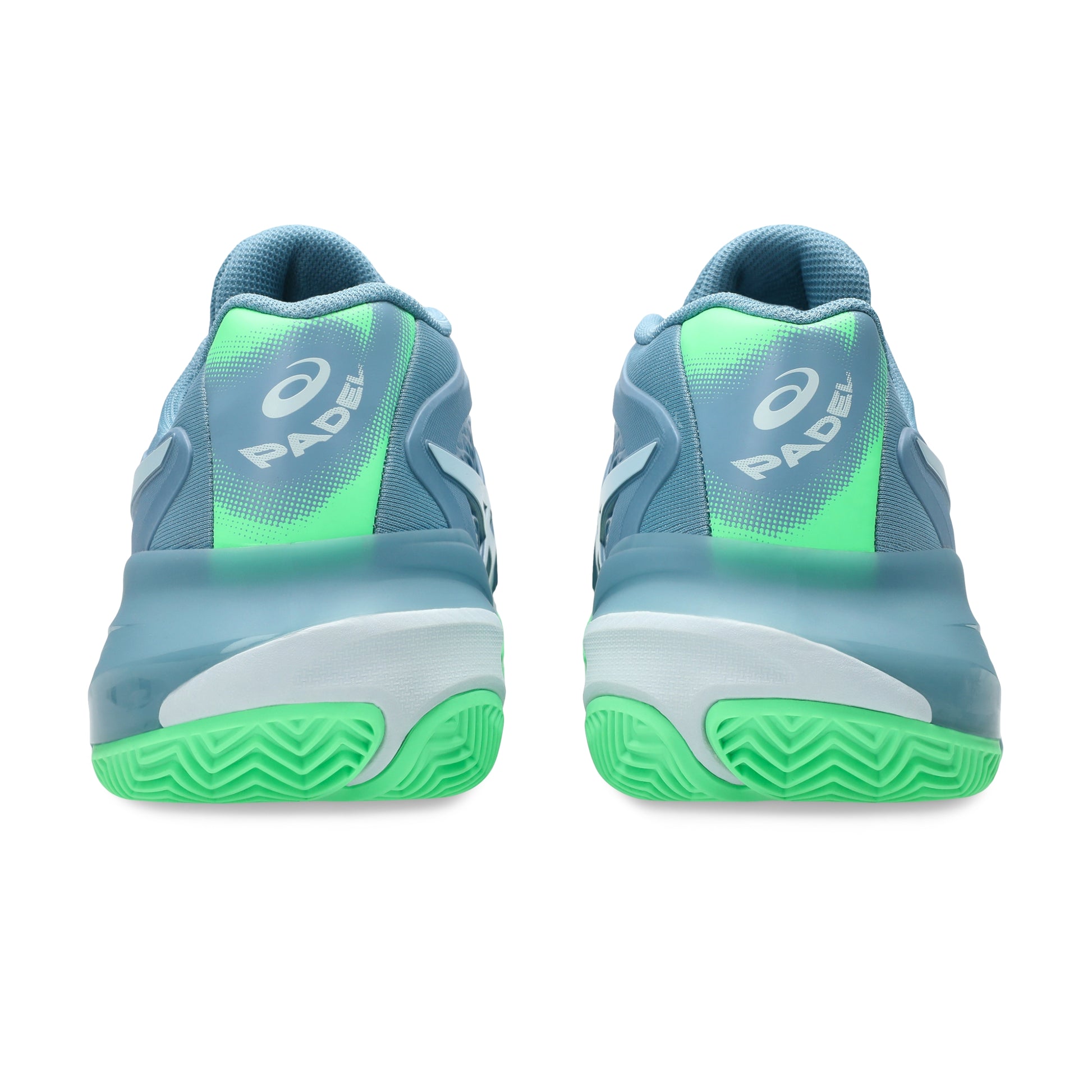 Pair of blue and green padel shoes with 'PADEL' branding on a white background