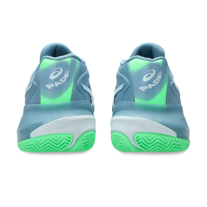 Pair of blue and green padel shoes with 'PADEL' branding on a white background
